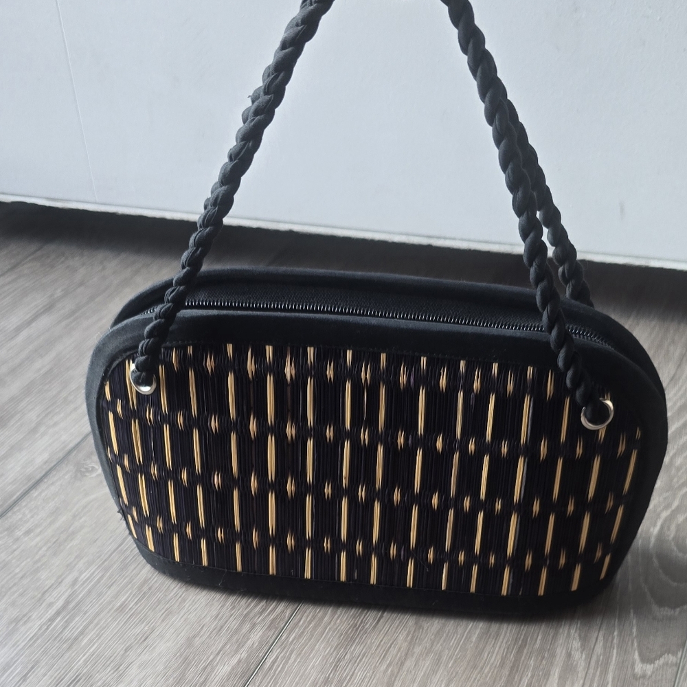 Woven Straw Clutch Boho Bag Black Tan Bamboo Style Summer Beach Purse - Picture 6 of 8
